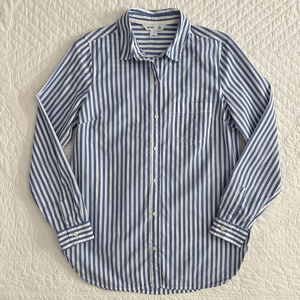 Old Navy Blue White Striped Tunic Shirt Button Down Blouse Women’s Small - Picture 10 of 10